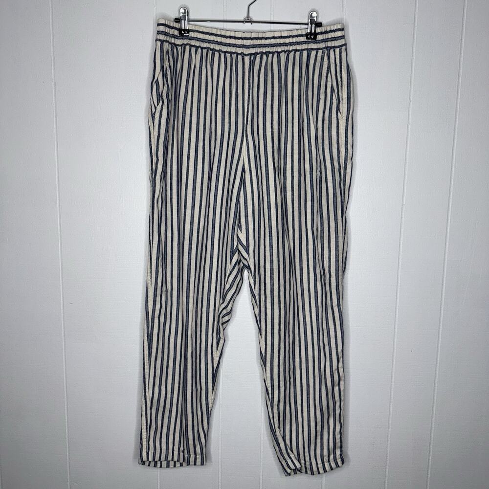 Tahari Womenโs 100% Linen Striped Pants Pull On Blue Size Large